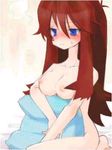  blue blue_(pokemon) blue_eyes blush breasts brown_hair green long_hair lowres nipples nude pillow pokemon 