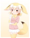  1girl animal_ears bangs blonde_hair blush bow brown_background brown_eyes commentary_request eyebrows_visible_through_hair fennec_(kemono_friends) fox_ears fox_girl fox_tail fur-trimmed_gloves fur_trim gloves gradient gradient_background hair_between_eyes hand_up highres kemono_friends multicolored_hair parted_lips pink_sweater pleated_skirt puffy_short_sleeves puffy_sleeves shin01571 shirt short_sleeves skirt solo sweater tail thighhighs two-tone_hair white_gloves white_hair white_shirt white_skirt yellow_bow yellow_legwear 