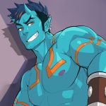  1boy abs avatar_icon bara blue_oni blue_skin bracelet chest earrings facial_hair forked_eyebrows horns jasdavi jewelry male_focus multicolored_hair muscle nipples oni oni_horns orange_eyes orange_hair original oskar_(jasdavi) pointy_ears shirtless short_hair sideburns solo streaked_hair stubble upper_body 