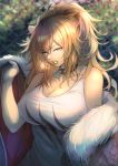  1girl animal_ears arknights bangs bare_shoulders black_choker breasts brown_eyes brown_hair candy chain-link_fence choker cleavage commentary fence food food_in_mouth fur_trim hand_up highres large_breasts lion_ears lollipop long_hair looking_at_viewer mouth_hold off_shoulder ohako_(ohako1818) revision siege_(arknights) solo tank_top upper_body white_tank_top 