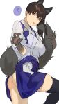  1girl animal_ears brown_hair fukazaki fundoshi hakama_skirt highres japanese_clothes kaga_(kantai_collection) kantai_collection looking_at_viewer paws side_ponytail skirt skirt_lift solo tail thighhighs translation_request wolf_ears wolf_girl wolf_tail 