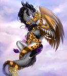  &lt;3 2020 asian_mythology black_hair blonde_hair blue_eyes day detailed_background digital_media_(artwork) dragon east_asian_mythology eastern_dragon entwined_tails facial_markings feathered_dragon feathered_wings feathers fur furred_dragon grey_body grey_fur hair head_markings hi_res horn licking markings mythology outside padjetxharrington pawpads pink_pawpads purple_eyes purple_pawpads sky smile tail_coil tongue tongue_out wings 