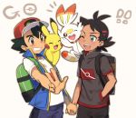  !! 2boys ash_ketchum backpack bag bangs baseball_cap black_hair blue_eyes blush brown_backpack brown_eyes commentary_request daitenshimyonko gen_1_pokemon gen_8_pokemon goh_(pokemon) green_backpack hand_in_pocket hat holding_hands multiple_boys on_shoulder one_eye_closed open_mouth pikachu pokemon pokemon_(anime) pokemon_(creature) pokemon_on_shoulder pokemon_swsh_(anime) scorbunny shirt short_sleeves sleeveless sleeveless_jacket smile teeth tongue w white_shirt 