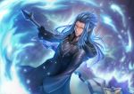  1boy black_coat_(kingdom_hearts) blue_hair cloak gloves gogo_(detteiu_de) kingdom_hearts kingdom_hearts_ii looking_at_viewer male_focus organization_xiii pointy_ears saix scar solo weapon yellow_eyes 