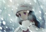  1girl bare_tree beanie black_hair commentary_request dawn_(pokemon) eyelashes hair_ornament hairclip hat long_hair outdoors parted_lips pokemon pokemon_(game) pokemon_dppt pokemon_platinum purple_eyes sasairebun scarf snow snowing solo tree white_headwear white_scarf 