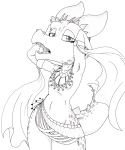  clothed clothing female horn jewelry kobold looking_at_viewer skimpy solo spikes spots teeth terdburgler thick_tail traditional_media_(artwork) xiik 