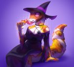  2020 5_fingers abstract_background anthro breasts candy clothed clothing dress female fingers fivel food gecko halloween hat headgear headwear holidays lizard long_tongue non-mammal_breasts purple_sclera reptile scalie sitting smile snout solo tongue witch_costume witch_hat 