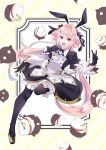  1boy :d astolfo_(saber)_(fate) bangs bird black_bow black_dress black_gloves black_legwear black_ribbon bow bowtie chicken dress fang fate/grand_order fate_(series) gloves hair_bow hair_intakes hair_ribbon hinoya leg_up long_hair long_sleeves looking_at_viewer maid_dress multicolored_hair open_mouth otoko_no_ko outline pink_hair purple_eyes ribbon smile solo standing standing_on_one_leg streaked_hair striped striped_background thighhighs twintails v white_hair yellow_background 