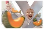  2boys commentary food fruit grin konjiki_no_gash!! melon mohawk mohawk_ace multiple_boys no_pupils open_mouth otton red_hair shoulder_spikes smile spikes twitter_username victoreem_(konjiki_no_gash!!) yellow_sclera 