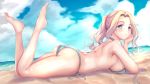  1girl ass back bare_arms bare_legs bare_shoulders barefoot beach becca_woolet bikini bikini_top_removed blonde_hair blue_eyes blue_sky breasts cloud day feet_up full_body funky45 head_on_hand highres lying medium_breasts ocean on_stomach outdoors ponytail resident_evil resident_evil:_resistance sand side-tie_bikini sidelocks sky solo swimsuit thighs 