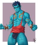  1boy abs bara bare_arms bare_chest blue_oni blue_skin bracelet bulge chest chest_hair clenched_hands dark_blue_hair earrings facial_hair fishnet_legwear fishnets hairy horns jasdavi jewelry male_focus multicolored_hair muscle navel navel_hair nipples oni oni_horns orange_eyes orange_hair orange_tank_top original oskar_(jasdavi) pointy_ears red_eyes short_hair sideburns solo spiked_bracelet spikes streaked_hair stubble tank_top thick_thighs thighs 