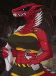  absurd_res angry anthro big_breasts black_sclera bodily_fluids bottle breasts capcom cautious claws clothing doughtea dragon fanged_wyvern female fitness glistening hi_res markings monster_girl_(genre) monster_hunter muscular muscular_anthro muscular_female odogaron prick_ears red_body riding_crop scales scalie sharp_claws sharp_teeth shirt solo sweat teeth top topwear towel video_games water whip wyvern 