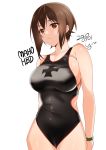  1girl artist_name bangs black_swimsuit bracelet breasts brown_eyes brown_hair character_name closed_mouth commentary cowboy_shot dated emblem girls_und_panzer jewelry kuromorimine_(emblem) large_breasts light_smile looking_at_viewer nishizumi_maho one-piece_swimsuit print_swimsuit saikawa_yusa short_hair side_cutout signature simple_background skindentation solo standing swimsuit white_background 