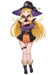  1girl adapted_costume bangs bare_legs bare_shoulders belt black_dress black_footwear black_headwear blonde_hair breasts chest_jewel cleavage cleavage_cutout clothing_cutout collarbone crescent dress full_body halloween_costume hat high_collar jewelry large_breasts long_hair looking_at_viewer mythra_(xenoblade) orange_dress short_dress simple_background solo spiffydc standing swept_bangs thigh_strap twitter_username very_long_hair white_background witch_costume witch_hat xenoblade_chronicles_(series) xenoblade_chronicles_2 yellow_eyes 