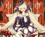  bow cropped dress elbow_gloves food fruit gloves hat knife long_hair mullpull original pantyhose twintails yellow_eyes 