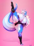  absurd_res anthro areola areola_slip blau_draconis blonde_hair blue_body breasts camel_toe cleavage clothed clothing dragon eyewear female flexible glasses hair hi_res mature_female pink_background simple_background solo splits spread_legs spreading sylviajo thick_thighs 