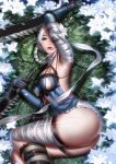  1girl armpits artist_name ass bandaged_arm bandaged_leg bandages breasts chain commentary flower frills gloves green_eyes hair_flower hair_ornament highres holding jagged_sword kaine_(nier) liang_xing lingerie lips looking_at_viewer lunar_tear lying medium_breasts negligee nier nier_(series) on_side short_shorts shorts sideboob signature simple_background solo sword thighs tied_hair underwear weapon white_hair 