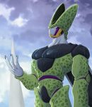  1boy arm_at_side black_nails cell_(dragon_ball) cloud commentary_request dragon_ball dragon_ball_z hand_up highres looking_up male_focus muscle parted_lips perfect_cell pink_eyes rain sky solo takumi1230g teeth water wet wings 