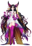  1girl black_hair breasts chest_tattoo facial_mark fate/grand_order fate_(series) forehead_mark full_body heart_pasties high_heels highres holding holding_microphone horn_ornament horn_ring horns iiiroha large_breasts long_hair microphone pasties purple_footwear purple_legwear sesshouin_kiara simple_background solo standing tattoo thigh_strap thighhighs wavy_hair white_background yellow_eyes 