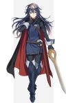  1girl armored_boots belt belt_buckle black_cape black_gloves black_sweater blue_eyes blue_hair boots breastplate buckle cape commentary_request eyebrows_visible_through_hair falchion_(fire_emblem) fingerless_gloves fire_emblem fire_emblem_awakening floating_hair full_body gloves hair_between_eyes highres holding holding_sword holding_weapon long_hair looking_at_viewer lucina_(fire_emblem) multicolored multicolored_cape multicolored_clothes parted_lips red_cape ribbed_sweater ryon_(ryonhei) simple_background solo sweater sword symbol-shaped_pupils tiara turtleneck turtleneck_sweater weapon 