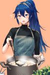  1girl alternate_hairstyle ameno_(a_meno0) apron black_sweater blue_eyes blue_hair blush cooking eyebrows_visible_through_hair fire_emblem fire_emblem_awakening hair_between_eyes hair_ornament highres holding long_hair long_ponytail looking_at_viewer lucina_(fire_emblem) open_mouth ponytail ribbed_sweater simple_background smile solo sweater symbol-shaped_pupils tiara turtleneck turtleneck_sweater 