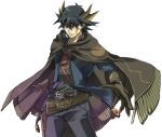  1boy belt blue_eyes elbow_gloves fudou_yuusei gloves gun hair_between_eyes holster holstered_weapon jacket looking_at_viewer machch multicolored_hair open_hand poncho smile spiked_hair two-tone_hair weapon white_background yu-gi-oh! yu-gi-oh!_5d&#039;s 