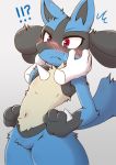  2020 ?! acky05 anthro black_body black_fur blue_body blue_fur blush bodily_fluids chest_spike chest_tuft disembodied_hand duo emanata featureless_crotch fur hand_spike hi_res lucario male navel nintendo pok&eacute;mon pok&eacute;mon_(species) red_eyes simple_background spikes spikes_(anatomy) sweat sweatdrop tuft video_games white_background yellow_body yellow_fur 
