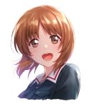  1girl :d artist_name brown_eyes brown_hair dated eyebrows_visible_through_hair girls_und_panzer long_hair looking_at_viewer military military_uniform nishizumi_miho ooarai_military_uniform open_mouth portrait shamakho short_hair signature simple_background smile solo uniform upper_body white_background 