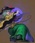  1girl black_headwear blouse bucket_hat character_request green_eyes green_hair green_skirt hat holding inishie_kumo komeiji_koishi long_sleeves looking_at_viewer one_knee shoes sketch skirt smile solo touhou wide_sleeves yellow_blouse 