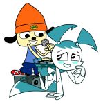  anthro beanie blush canid canine canis clothed clothing crossover domestic_dog duo female hat headgear headwear humanoid jenny_wakeman machine male mammal microphone my_life_as_a_teenage_robot nickelodeon parappa parappa_the_rapper record_player robot sony_corporation sony_interactive_entertainment video_games zone 