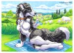  2020 4_toes 5_fingers anthro border border_collie breasts canid canine canis collar collie day detailed_background domestic_dog featureless_breasts female fingers herding_dog kashmere mammal nude outside pastoral_dog sheepdog sky smile toes traditional_media_(artwork) white_border 