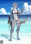  absurd_res ak-105 alexis_(character) animal_humanoid anthro beach bikini blonde_hair clothing delta.dynamics deltadynamics english_text female fin fish fish_humanoid hair harpoon hi_res humanoid marine marine_humanoid melee_weapon polearm seaside shark shark_humanoid solo solo_focus spear swimwear text weapon 