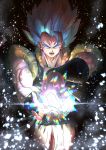  1boy absurdres bangs black_sash black_wristband blue_eyes commentary_request dragon_ball dragon_ball_super fingernails gogeta greymon_(nodoame1215) highres male_focus muscle open_mouth sash solo spiked_hair stardust_breaker super_saiyan super_saiyan_blue teeth tongue vest wristband 