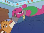  2020 anthro barney_and_friends barney_the_dinosaur bed brooks brown_eyes canid canine canis colt3n cuddling detailed_background digital_media_(artwork) duo felid fur furniture grey_body grey_fur hi_res hug inner_ear_fluff jack_(colt3n) male male/male mammal meme on_bed pantherine pink_nose plushie sleeping tan_body tan_fur tuft unimpressed whiskers wolf 