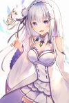  1girl bangs black_ribbon blunt_bangs braid breasts cleavage commentary_request crown_braid diieru emilia_(re:zero) eyebrows_visible_through_hair flower hair_flower hair_ornament hair_ribbon highres index_finger_raised long_hair looking_at_viewer medium_breasts open_mouth puck_(re:zero) purple_eyes re:zero_kara_hajimeru_isekai_seikatsu ribbon rose smile white_flower white_hair white_rose wide_sleeves 