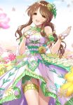 1girl :d ass_visible_through_thighs bare_shoulders blush brown_eyes brown_hair commentary_request detached_sleeves dress flower green_dress hair_flower hair_ornament hair_ribbon highres idolmaster idolmaster_cinderella_girls idolmaster_cinderella_girls_starlight_stage leg_garter long_hair looking_at_viewer mk_(mod0) no_panties open_mouth petals ribbon short_sleeves sleeveless sleeveless_dress smile solo takamori_aiko thighs two-tone_dress white_dress wrist_cuffs 