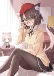  100 1girl animal_ear_fluff animal_ears beret breasts brown_eyes brown_hair glasses hair_ornament hairclip hat highres light_up long_sleeves looking_at_viewer red_headwear short_hair sitting solo sweater tail virtual_youtuber wolf_ears wolf_girl wolf_tail yuzuki_uru 