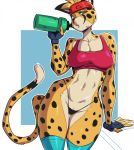  2020 accessory anthro blue_eyes bra breasts cheetah clothing countershading felid feline female fingerless_gloves gloves handwear headband hi_res mammal mcfli simple_background solo spots spotted_body underwear white_countershading wide_hips yellow_body 