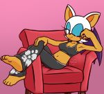  anthro barefoot chiropteran crossed_legs female hi_res looking_at_viewer mammal midriff notsafeforcurt one_eye_closed rouge_the_bat sitting solo sonic_the_hedgehog_(series) wings wink 
