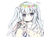  1girl bangs blue_eyes blue_flower blue_hair blue_ribbon blush brown_cardigan cardigan character_name closed_mouth eyebrows_visible_through_hair flower flower_wreath gochuumon_wa_usagi_desu_ka? hair_between_eyes hair_ornament hands_up head_wreath holding holding_stuffed_toy kafuu_chino long_hair long_sleeves looking_at_viewer neck_ribbon open_cardigan open_clothes pink_flower purinko purple_flower ribbon sailor_collar school_uniform serafuku shirt simple_background sleeves_past_wrists solo stuffed_animal stuffed_bunny stuffed_toy two_side_up upper_body white_background white_flower white_sailor_collar white_shirt x_hair_ornament yellow_flower 