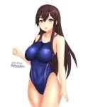  1girl akagi_(kantai_collection) blue_swimsuit breasts brown_eyes brown_hair competition_swimsuit cowboy_shot dated highleg highleg_leotard highres kantai_collection large_breasts leotard long_hair looking_at_viewer montemasa one-piece_swimsuit simple_background skin_tight solo straight_hair swimsuit twitter_username white_background 