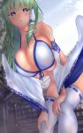 1girl bent_over bikini bikini_top blue_eyes blush breasts detached_sleeves frog_hair_ornament green_hair hair_ornament hair_tubes hands_on_own_knees hanging_breasts highres huge_breasts japanese_clothes kochiya_sanae leaning_forward long_hair looking_at_viewer miko no_panties nontraditional_miko shounen_(hogehoge) snake_hair_ornament solo swimsuit touhou white_legwear wide_sleeves 