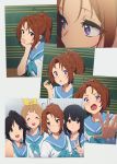  4girls :o antenna_hair black_hair blonde_hair blue_eyes blue_neckwear blue_sailor_collar blush brown_hair closed_eyes closed_mouth embarrassed hair_ribbon hibike!_euphonium highres kamo_kamen kasaki_nozomi kitauji_high_school_uniform long_hair looking_at_viewer multiple_girls nakagawa_natsuki neckerchief open_mouth photo_(object) ponytail purple_eyes red_eyes ribbon sailor_collar school_uniform serafuku shirt short_sleeves smile uniform white_shirt yellow_ribbon yoroizuka_mizore yoshikawa_yuuko 