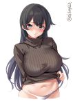  1girl agano_(kantai_collection) black_hair breasts commentary_request ebifurya green_eyes grey_sweater highres kantai_collection large_breasts long_hair looking_at_viewer navel panties ribbed_sweater simple_background solo sweater turtleneck twitter_username underwear white_background white_panties 