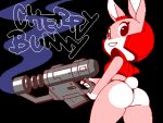  2020 4:3 anonymous_artist anthro armor butt cherry_bunny clothing digital_media_(artwork) english_text eyelashes female fur gun headgear helmet holding_object lagomorph leporid looking_at_viewer low_res mammal pink_body pink_fur pixel_(artwork) rabbit ranged_weapon simple_background smile smoke solo text thong underwear weapon 