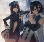  2girls bangs bare_shoulders black_eyes black_hair blunt_bangs breasts china_dress chinese_clothes cigarette detached_sleeves double_bun dress hand_on_hip highres lighter long_hair looking_at_viewer maid multiple_girls navel original parted_lips short_hair smoke smoking tomok1 