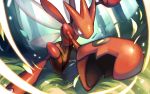  claws commentary forest gen_2_pokemon highres insect_wings iorune leaning_forward leaves_in_wind legs_apart looking_at_viewer nature no_humans orange_eyes pokemon pokemon_(creature) scizor shiny signature solo tree watermark wings 