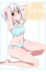  1girl armpits arms_up bangs bare_arms bare_legs bare_shoulders barefoot blue_background blue_bra blue_panties blush bra brown_eyes closed_mouth commentary_request english_text eyebrows_visible_through_hair hair_between_eyes hands_in_hair high_school_dxd highres looking_at_viewer navel panties rizuta side-tie_panties silver_hair solo toujou_koneko two-tone_background underwear underwear_only white_background 