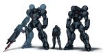  blue_eyes character_sheet clenched_hands commission english_commentary highres looking_down mecha military multiple_views original pinguinkotak power_armor red_eyes science_fiction standing white_background 