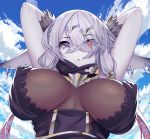  1girl :o arms_behind_head arms_up atelier_(series) atelier_ryza blue_sky bodystocking breasts breasts_apart cloud day eyes_visible_through_hair from_below hair_ornament hair_over_one_eye hairclip heterochromia high_collar large_breasts lila_decyrus looking_at_viewer looking_down outdoors parted_lips purple_eyes red_eyes sidelocks silver_hair sky solo takurowo upper_body 